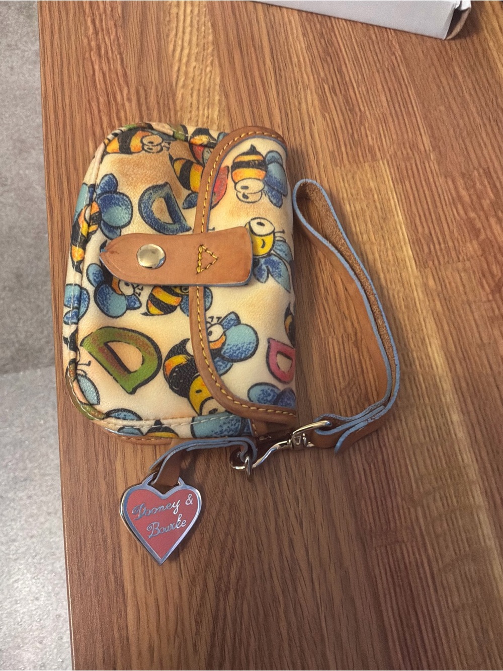 Vintage Dooney & Bourke Yellow Multi Floral Bee Wristlet with Heart Charm
